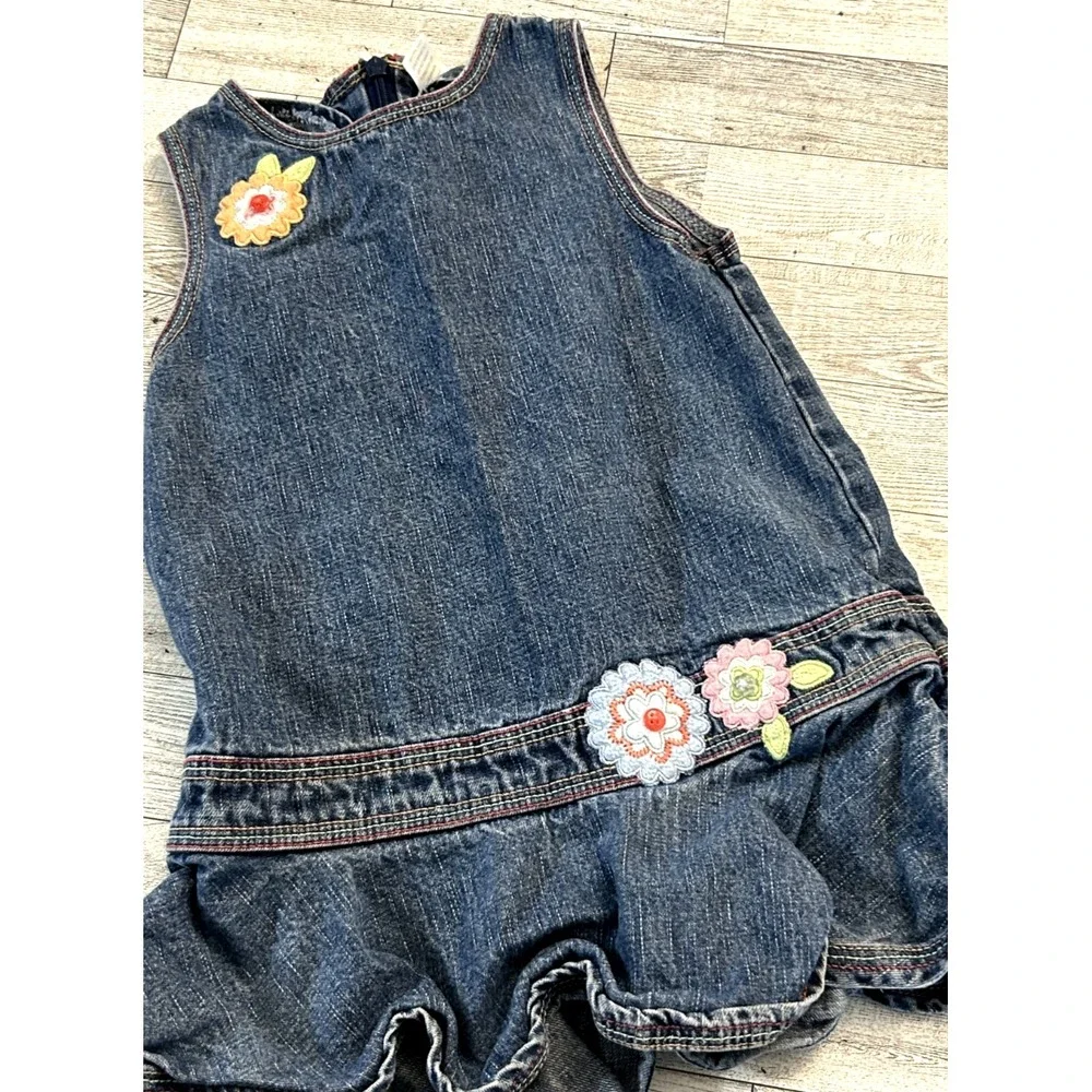 Gymboree Vintage 2005 Denim Embroidered Jumper Floral Color Thread Dress Size 2T